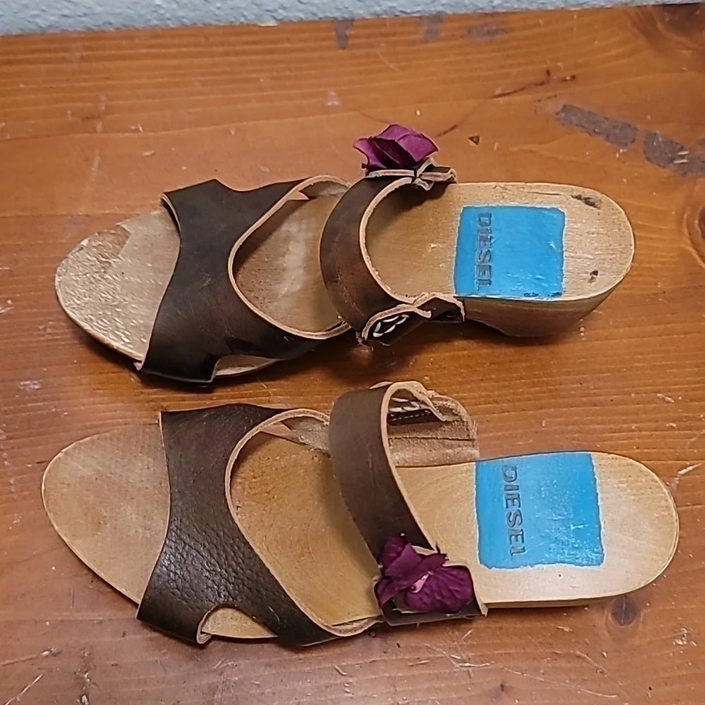 VINTAGE DIESEL WOMEN'S BROWN LEATHER AND WOOD BLOCK HEEL SANDAL SZ 6 - Picture 4 of 9